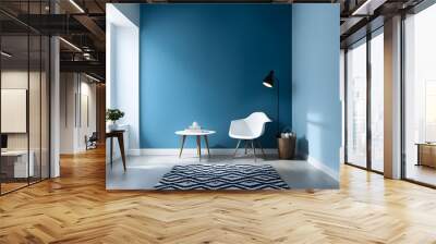 This is an image of a living room interior with sky blue as the main color. Wall mural