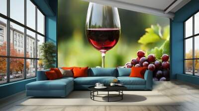 A glass of red wine is on a table next to a bunch of grapes Wall mural