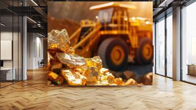 A large yellow truck is parked in front of a pile of gold Wall mural