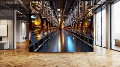 A long row of gold colored barrels are lined up in a factory Wall mural