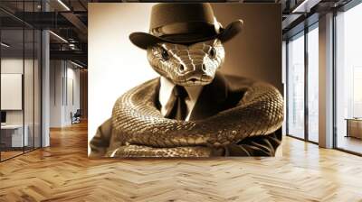 A man in a suit and hat is holding a snake Wall mural