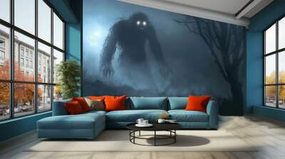 A man with glowing eyes stands in a dark room Wall mural