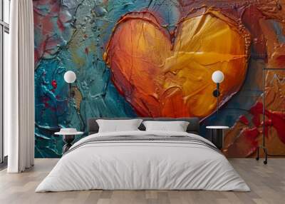 A painting of a heart with a yellow center and blue and red surrounding it Wall mural