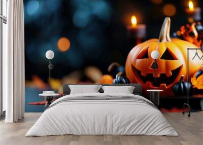 A pumpkin with a scary face is on a black plate with orange leaves and candles Wall mural