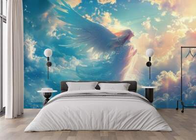 A woman angel is flying in the sky with a sun behind her Wall mural