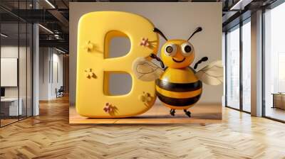 A yellow bee is standing next to the letter B Wall mural