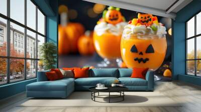 Two glasses of Halloween punch with orange and black faces on them Wall mural