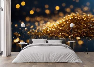 Golden light shine particles bokeh on navy blue background Wall mural