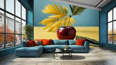 One cherry on yellow and blue background with palm l 1 Wall mural