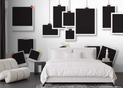 Set of square photo frames mockup on sticky tape, pins and rivets. big collection of polaroid frame vector Wall mural