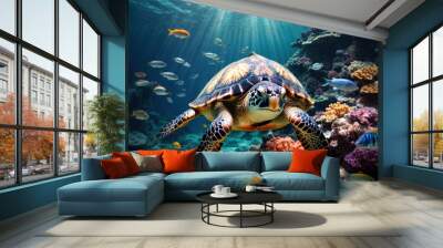 turtle with group of colorful fish underwater in ocean Wall mural