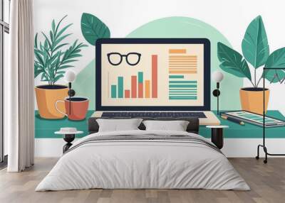 A modern workspace with productivity tools on a tablet, business intelligence reports on a laptop, and a clean, minimalist background for text copy Wall mural