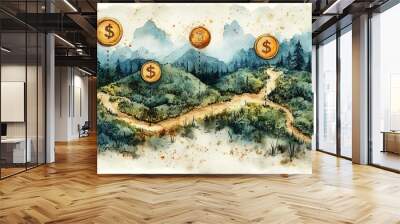 A roadmap with milestones marked by coins and bills, representing the journey of financial growth and investment planning Wall mural