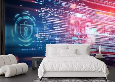 An abstract image of a defense code being authenticated within a secure app, with floating security patterns and digital symbols overlaying the scene Wall mural