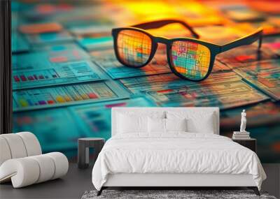 Exploring the Intersection of Data Analytics and Vision Through Reflective Glasses on Financial Reports Wall mural