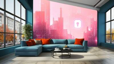 The futuristic landscape of security a stylized flat illustration featuring a lock and technological elements Wall mural