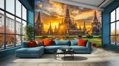 Beautiful temple in Thailand at sunset time Wall mural