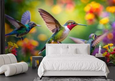 Colorful humming bird are flying near flowers and pecking at water droplets falling from beautiful wild flowers pollen. Wall mural