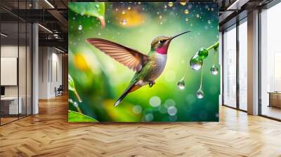 Colorful humming bird are flying near flowers and pecking at water droplets falling from beautiful wild flowers pollen. Wall mural