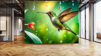 Colorful humming bird are flying near flowers and pecking at water droplets falling from beautiful wild flowers pollen. Wall mural