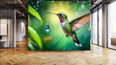 Colorful humming bird are flying near flowers and pecking at water droplets falling from beautiful wild flowers pollen. Wall mural