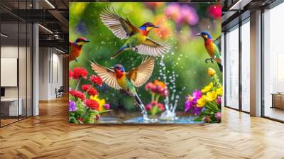 Colorful humming bird are flying near flowers and pecking at water droplets falling from beautiful  wild flowers pollen. Wall mural