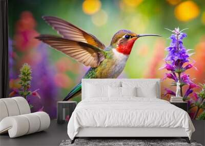 Ultra hd macro Colorful humming bird are flying near flowers and pecking at water droplets falling from beautiful  wild flowers pollen. Wall mural