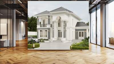 3D rendering modern contemporary two - storey  house design with garage and natural scenery background. Wall mural