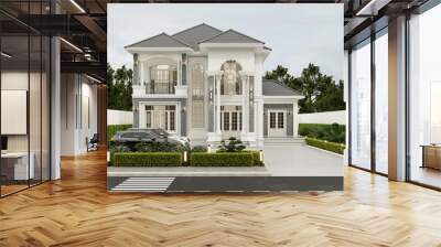 3D rendering modern contemporary two - storey  house design with garage and natural scenery background. Wall mural