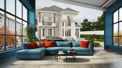 3D rendering modern contemporary two - storey  house design with garage and natural scenery background. Wall mural