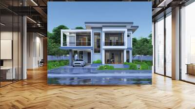 Modern contemporary style house 2 story with garage and natural scenery background
 Wall mural