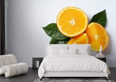 Fresh orange citrus with green leaves isolated on white background Wall mural