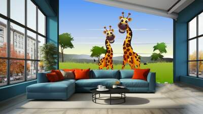 cute giraffe cartoon with landscape background Wall mural