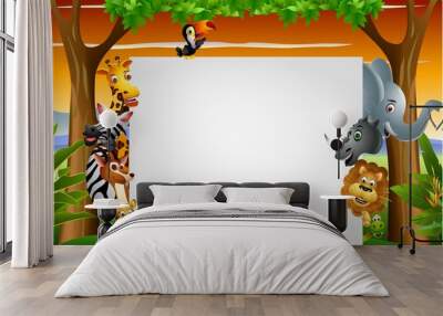 Wild African animal cartoon with blank sign Wall mural