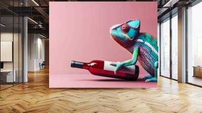 A chameleon with a bottle of red wine, a minimal concept, copy space Wall mural