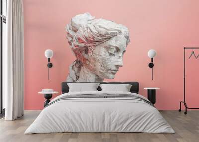 An antique female statue isolated on a pink background with the face made of the newspaper Wall mural