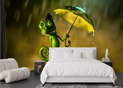 Green chameleon holding an umbrella in the rain, standing in a whimsical autumn scene, symbolizing resilience in the face of sudden climate changes in a minimal adult fairy tale concept Wall mural