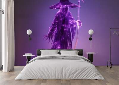 Halloween neon witch, holiday theme creative concept, dark purple background Wall mural