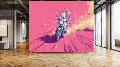 Pink illustration of a unicorn on a motorbike, minimal concept Wall mural