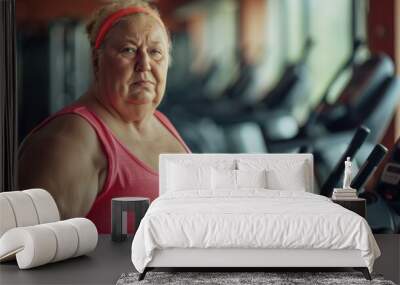 An overweight mature elderly middle aged woman stands with her back in the gym preparing to play sports, the concept of an active life in old age, taking care of the body Wall mural