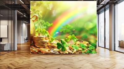 Big pot with gold coins, clover leaves and a rainbow above it. St. Patrick's Day celebration concept, banner Wall mural