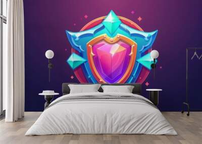 Cartoon shield illustration for game ui victory badge element, win level game ui design button for interface Wall mural