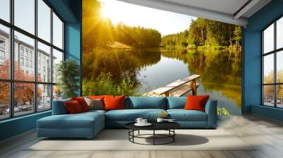 Summer landscape with forest lake Wall mural