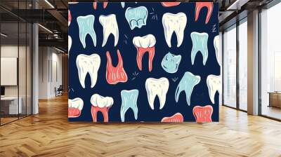 Funny seamless images of small and large teeth and everything related to dentistry, dental care concept and international dentist day celebration Wall mural