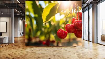 Growing cherries harvest and producing vegetables cultivation. Concept of small eco green business organic farming gardening and healthy food Wall mural