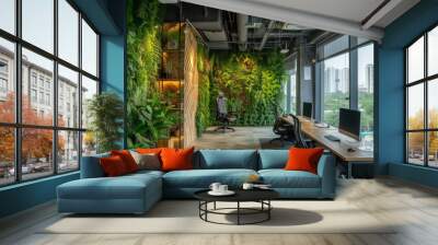 Interior of green office with many different plants and vertical gardens, concept of eco friendship with business	
 Wall mural