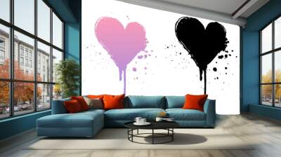 Dripping paint or black and pink grunge hearts. Brush stroke isolated on white background. Ink splatter illustration. Wall mural