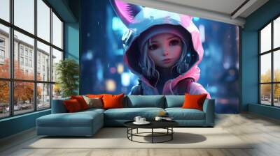 Portrait of cute cartoon girl character cyberpunk manga style, concept of fantasy world or game Wall mural