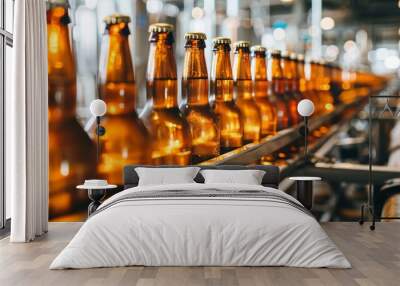 Production of brewing and bottling craft beer at a beer production plant. Conveyor with beer bottles.	 Wall mural