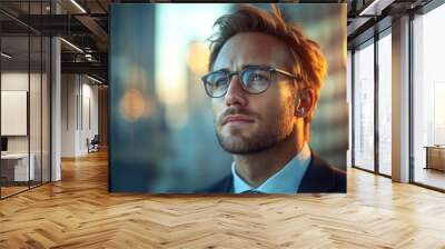 Side view of a professional businessman in a formal suit, captured in a modern corporate environment. High-resolution  photo ideal for business themes, leadership, and professional presentation. Wall mural